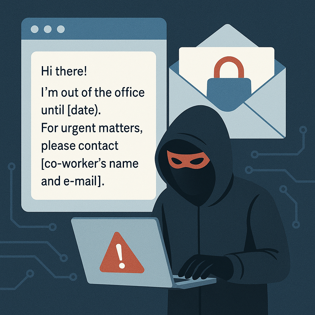 Hacker in hoodie with laptop exploits out-of-office email autoreply posing cybersecurity risk.